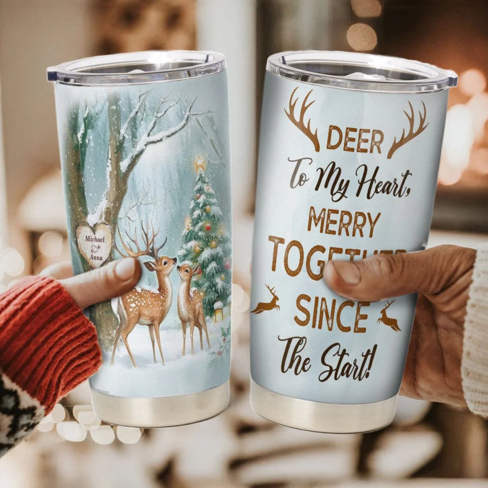 Custom Name Double-Sided Deer Couple Christmas Tumbler – Personalized Romantic Gift for Couples - 20oz Insulated Stainless Steel Mug - Holiday Keepsake
