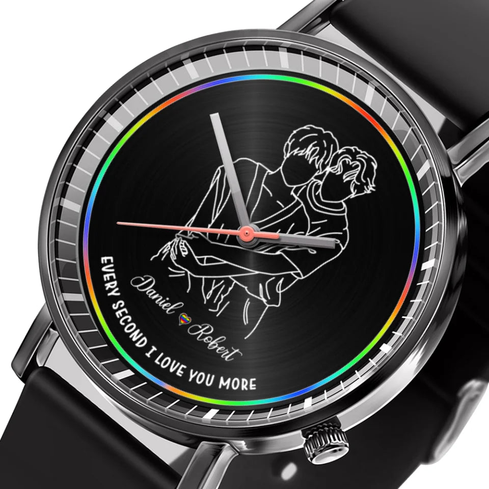 Gay Couple Every Second I Love You More - Personalized Black Watch - LGBT Rainbow - Gift for Gay Couples