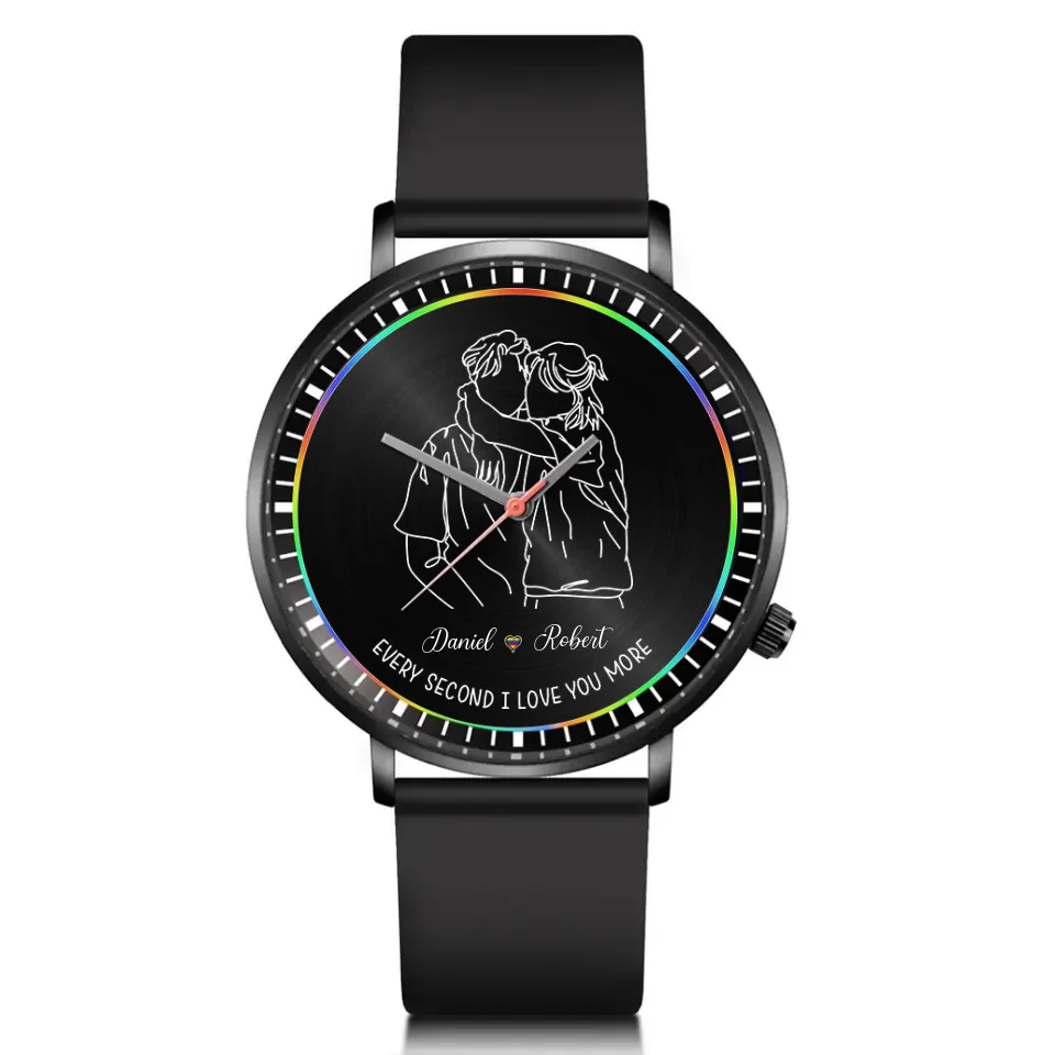 Gay Couple Every Second I Love You More - Personalized Black Watch - LGBT Rainbow - Gift for Gay Couples