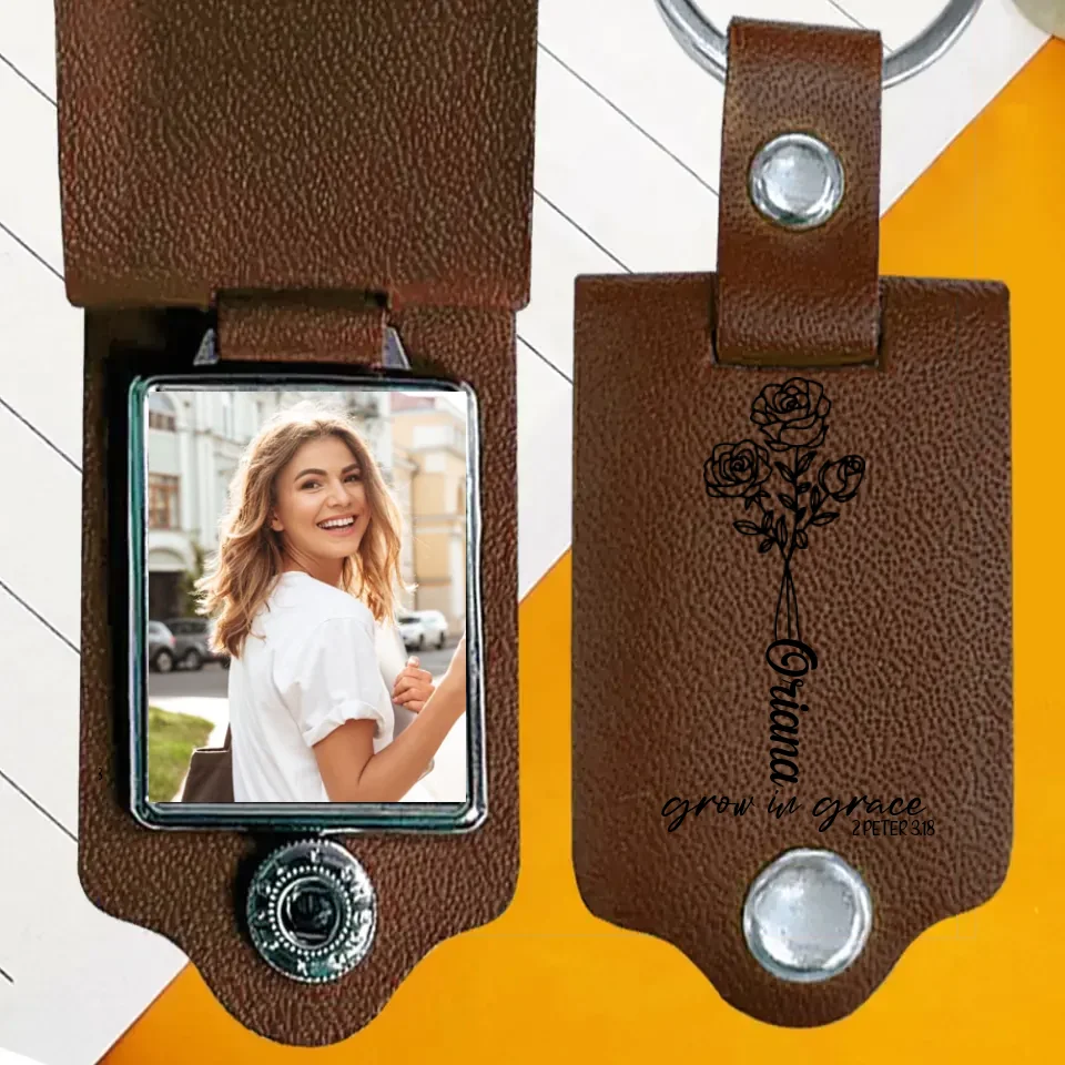 Personalized Birthday Month Flower - Leather Keychain with Photo - Christian, Birthday Gift for Daughter, Sister