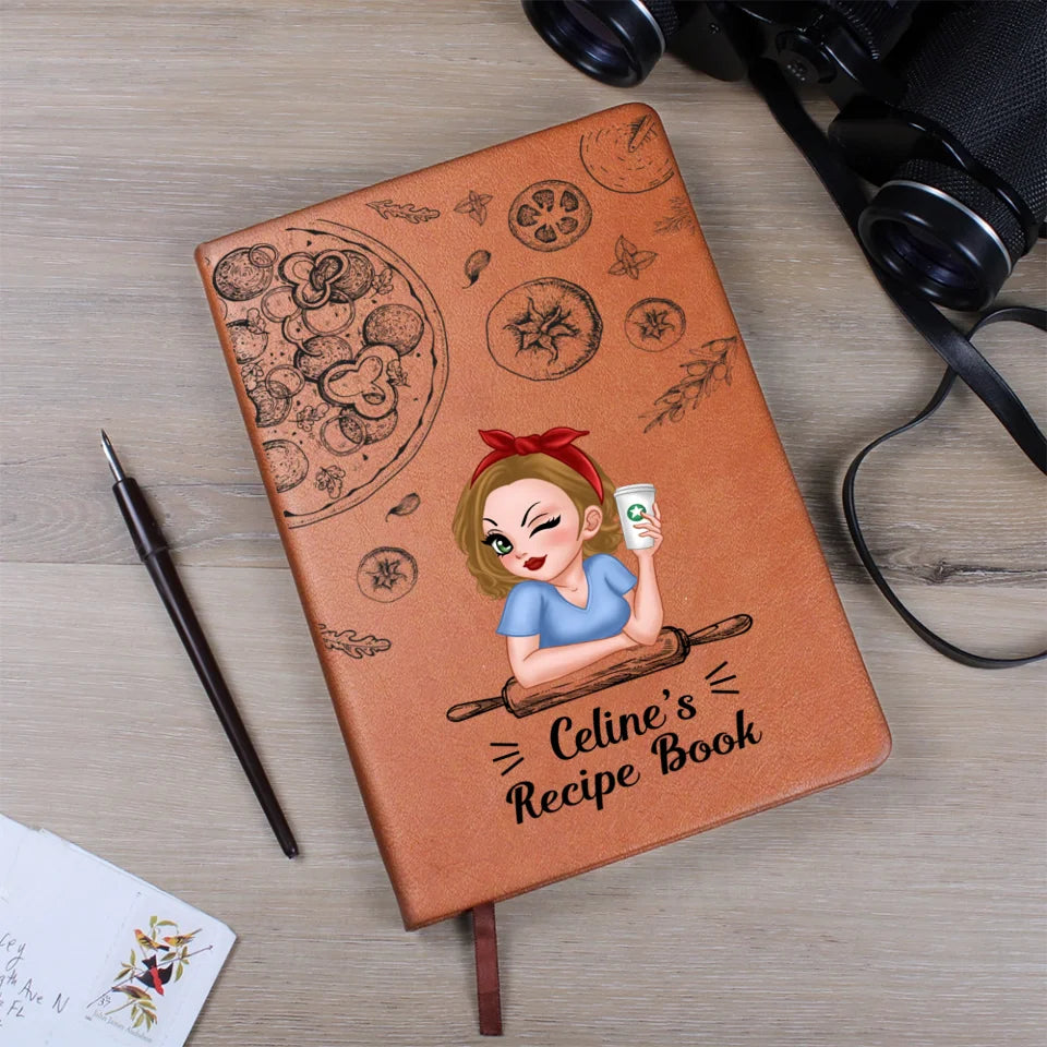 Family Recipe Book - Custom Leather Journal - Chibi Style Girl Woman - Birthday Gift For Her