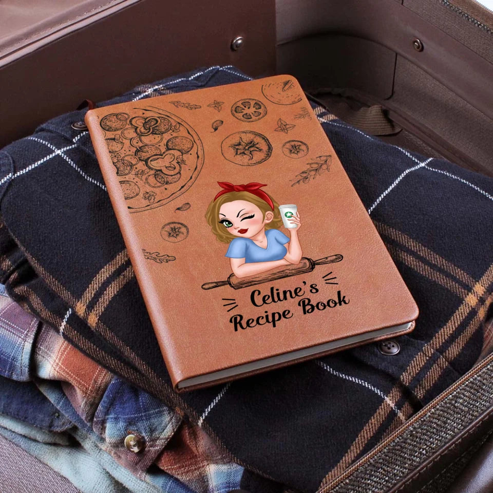 Family Recipe Book - Custom Leather Journal - Chibi Style Girl Woman - Birthday Gift For Her