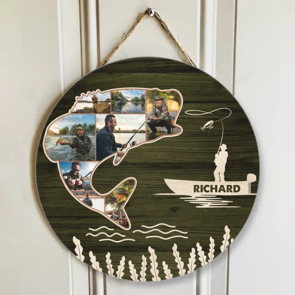 Fishing Man - Personalized Round Wooden Sign with Photo - Custom Fishing Gift for Fishing Lovers, Fishing Dad, Guy Friends