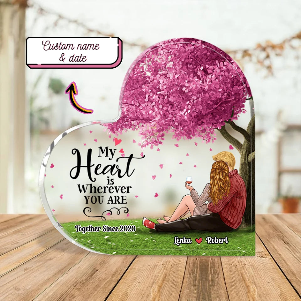 Personalized Valentine Gifts - My Favorite Place is Inside Your Hug - Custom Heart-Shaped Acrylic Plaque - Personalized Tabletop Decor - Anniversary, Valentine Gift for Couples