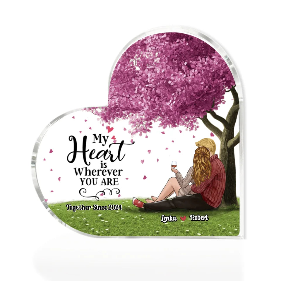 Personalized Valentine Gifts - My Favorite Place is Inside Your Hug - Custom Heart-Shaped Acrylic Plaque - Personalized Tabletop Decor - Anniversary, Valentine Gift for Couples