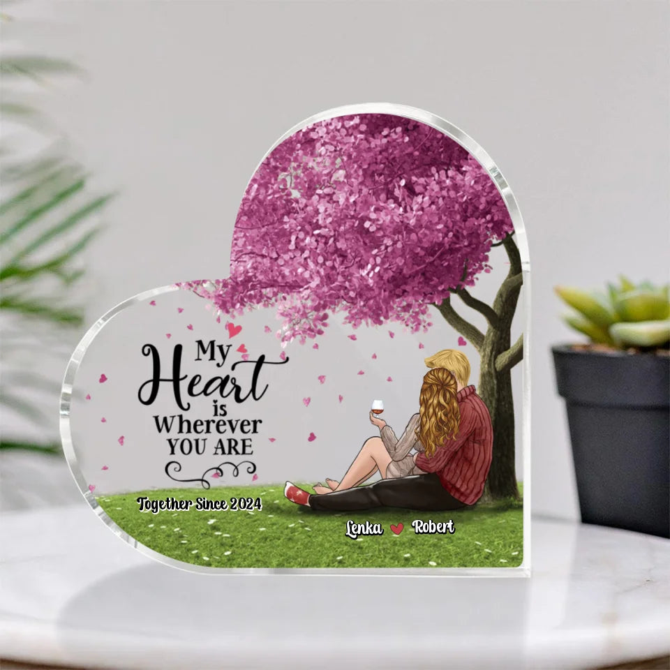 Personalized Valentine Gifts - My Favorite Place is Inside Your Hug - Custom Heart-Shaped Acrylic Plaque - Personalized Tabletop Decor - Anniversary, Valentine Gift for Couples