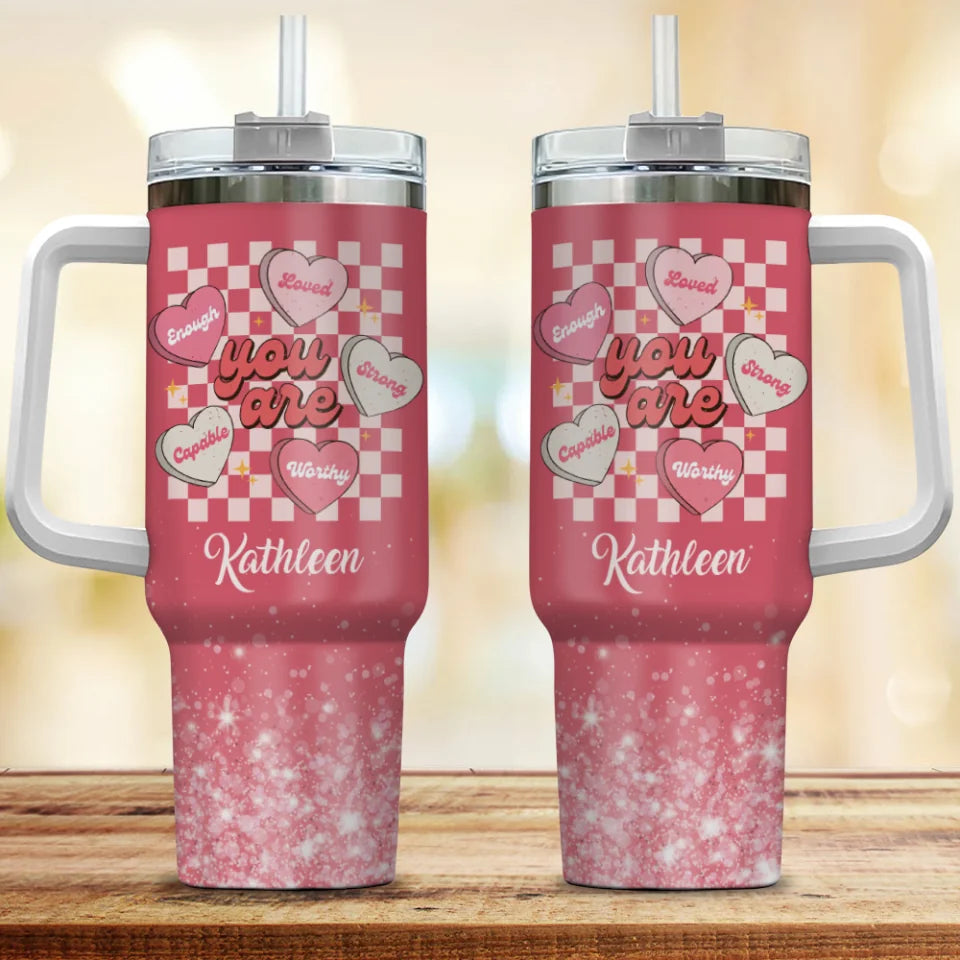 Personalized Valentine Gifts - Pink Valentine Background - 40oz Tumbler with Handle - Y2K Hearts - Sweet Gifts for Her