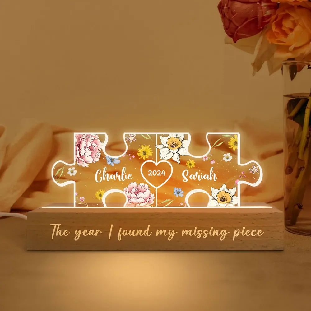 Birth Month Flower Couple Name Puzzle LED Night Light - Personalized Romantic Home Bedroom Decor For Couples - Gifts For Her, For Him