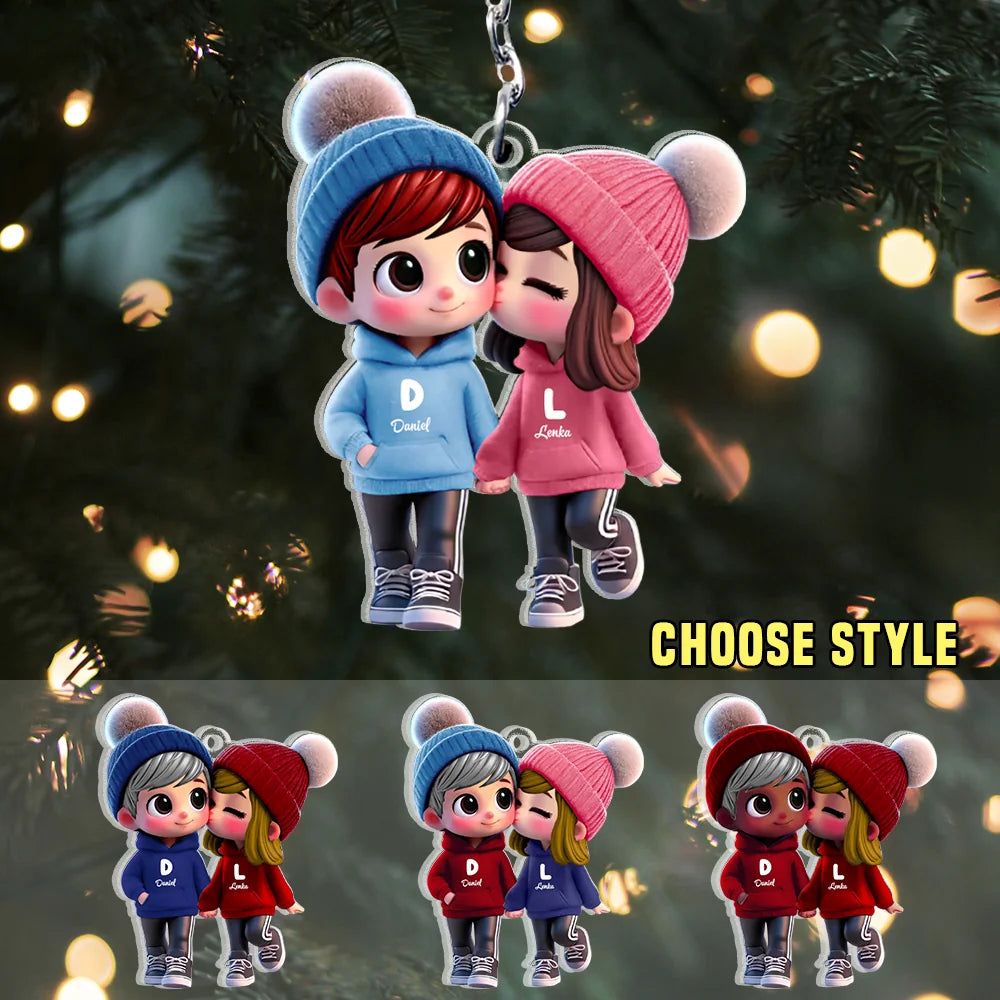 Cute Cartoon Couple Walking Personalized Acrylic Keychain - Sweet Gift For Couples, for Her Him