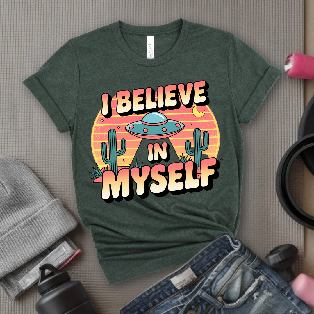 Vintage I Believe in Myself UFO T-shirt - Unisex Jersey Short Sleeve Shirt - Women Empowerment Inspired Tee - Gift for Yourself - Bella Canvas 3001