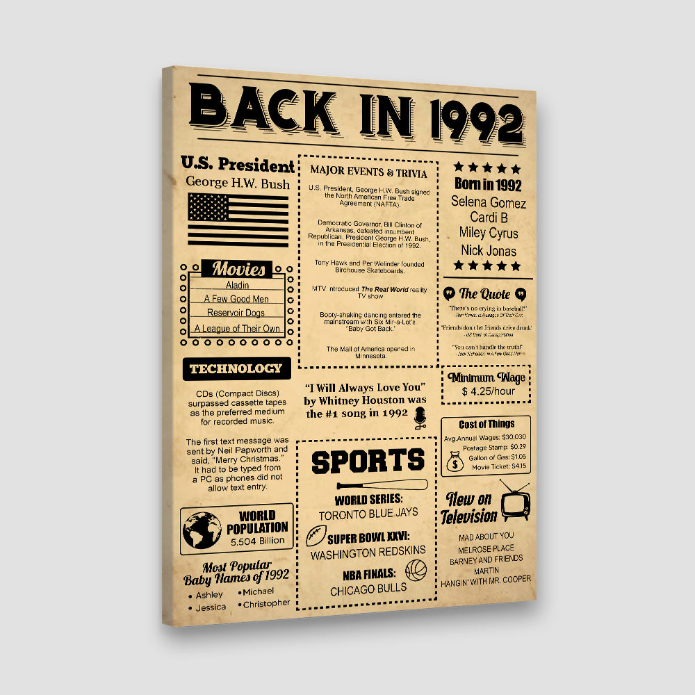 Back In 1992 Newspaper Canvas Poster Birthday Gift