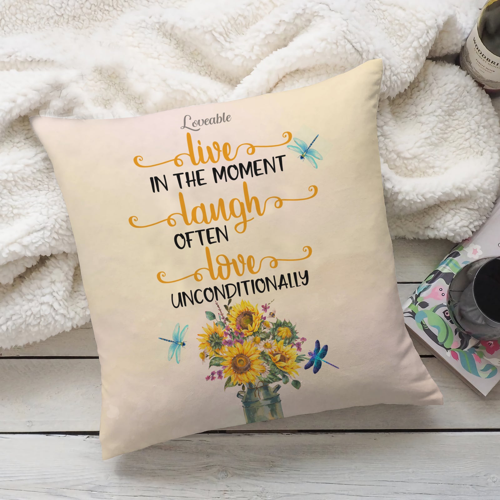 Live In The Moment, Laugh Often, Love Unconditionally - Personalized Canvas Pillow - Anniversary Gift for Her