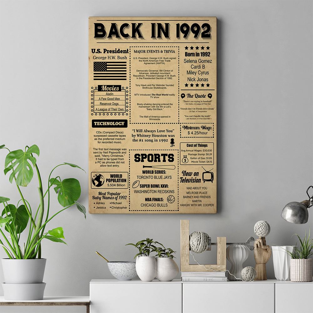 Back In 1992 Newspaper Canvas Poster Birthday Gift