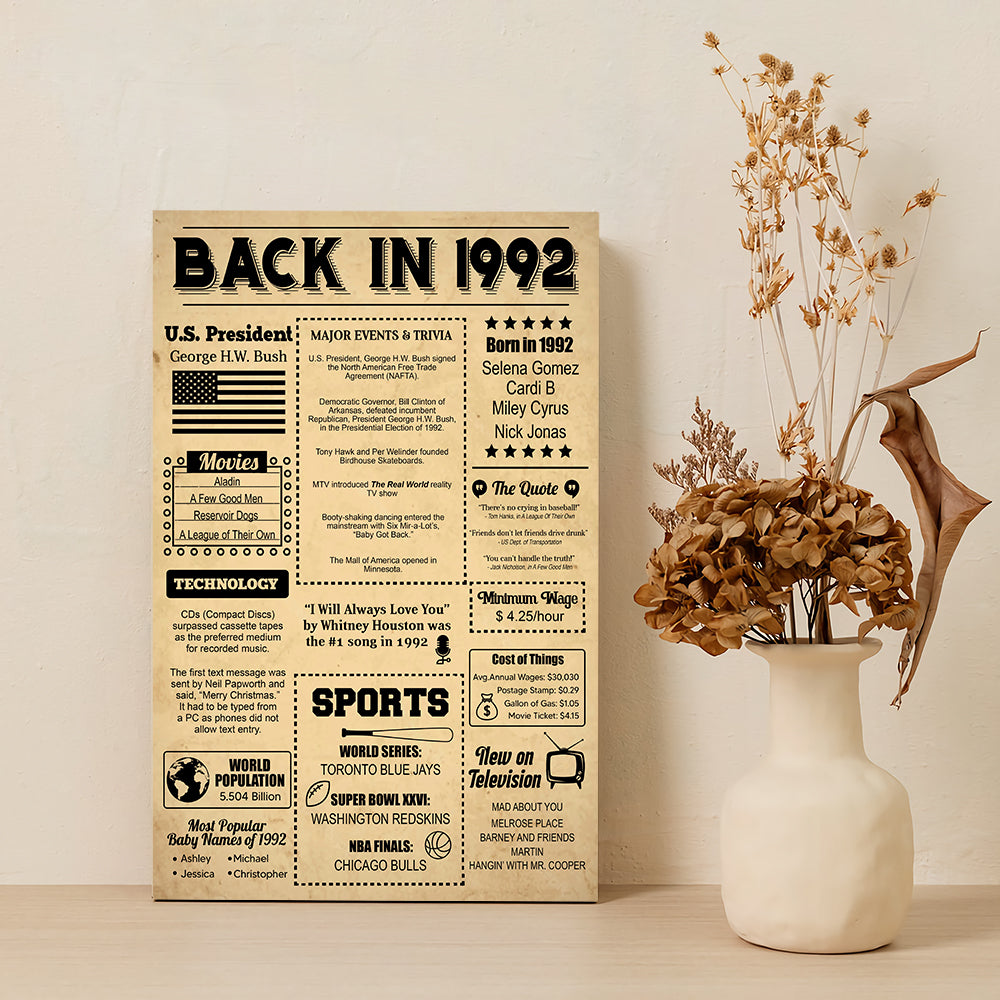 Back In 1992 Newspaper Canvas Poster Birthday Gift
