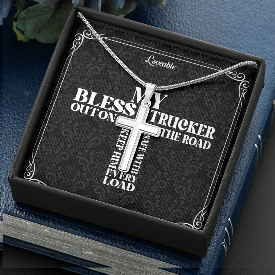 My Bless Trucker Out on the Road Personalized Stainless Cross Necklace