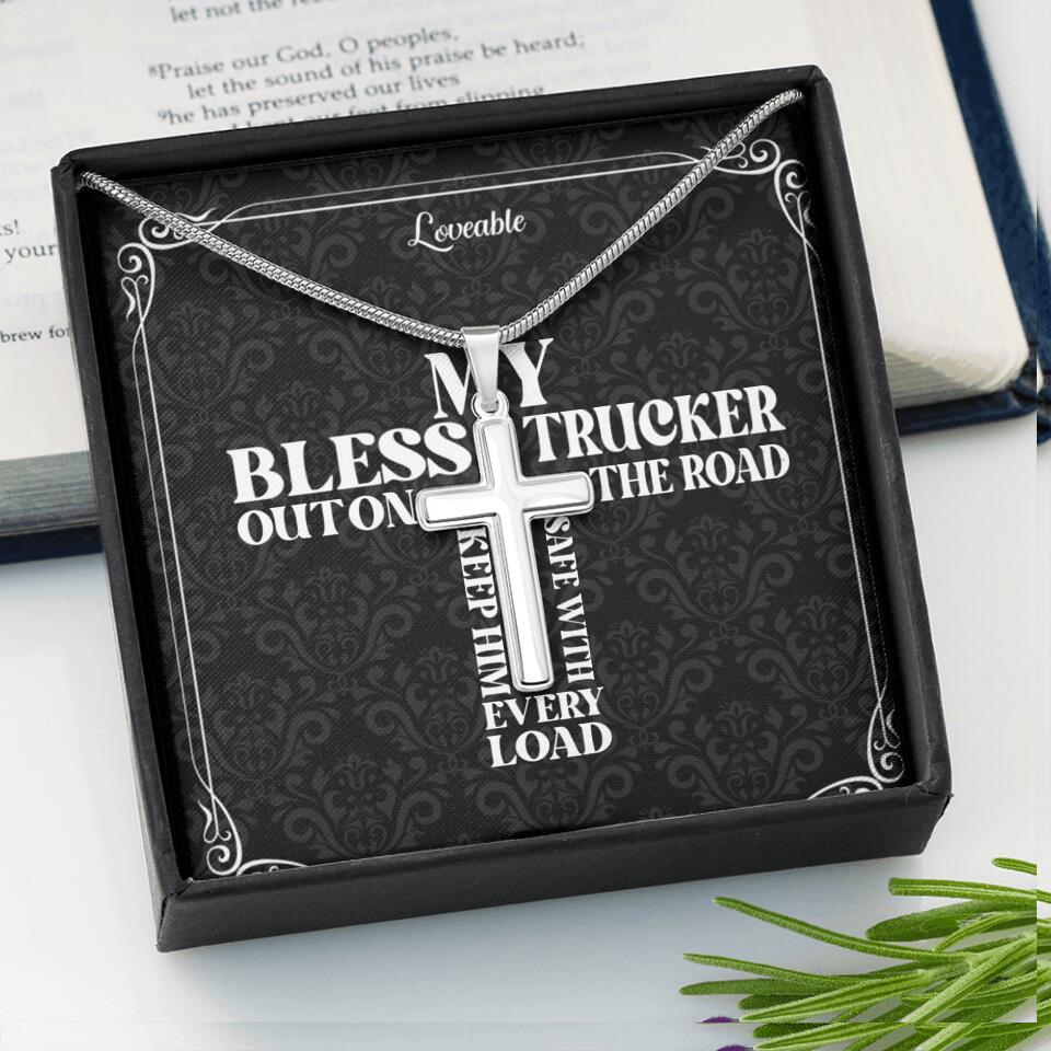 My Bless Trucker Out on the Road Personalized Stainless Cross Necklace
