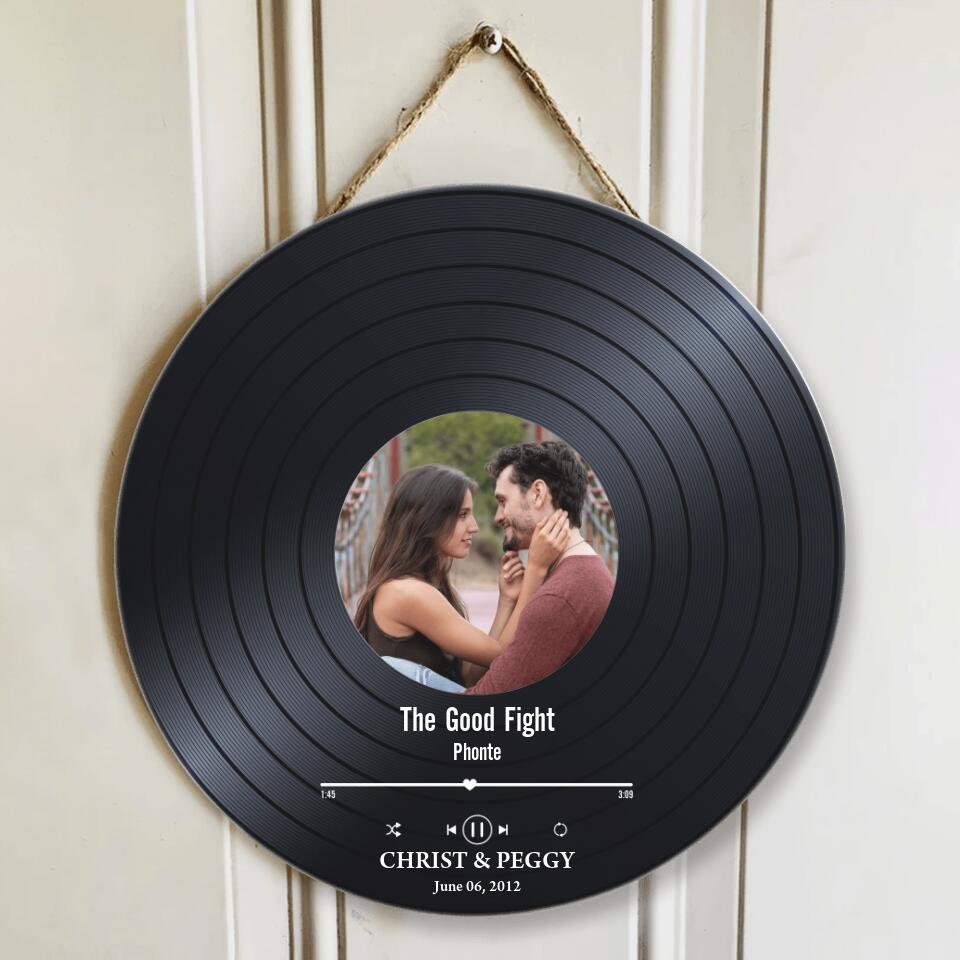 Couple Wooden Sign Photo, Name And Date Music Record Personalized Round Wood Sign
