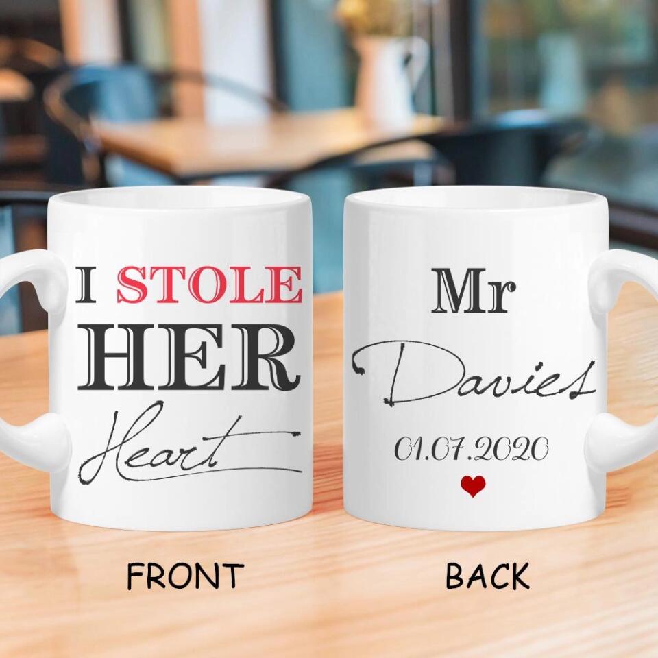I Stole Her Heart, So I'm Stealing His Last Name Couple Mugs - His and Hers Matching Coffee Mug Cup Set - Perfect Wedding Anniversary Gifts - 209IHPTHMU147