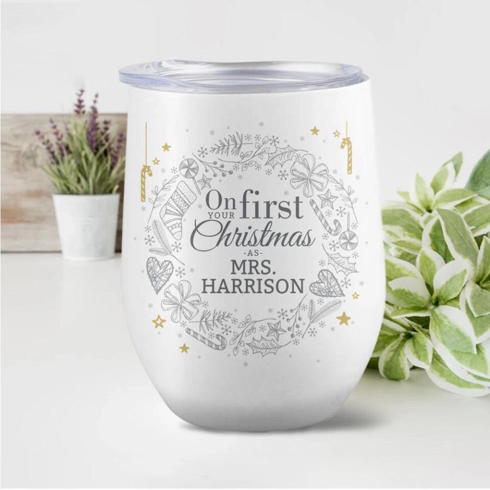 On Your First Christmas As Mr and Mrs - Personalized Couple Wine Tumbler