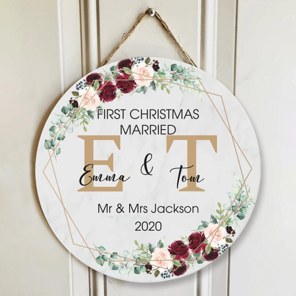 Couple Wooden Sign First Christmas Married - Custom Round Wooden Sign - Gift for Wedding Anniversary Christmas Decor