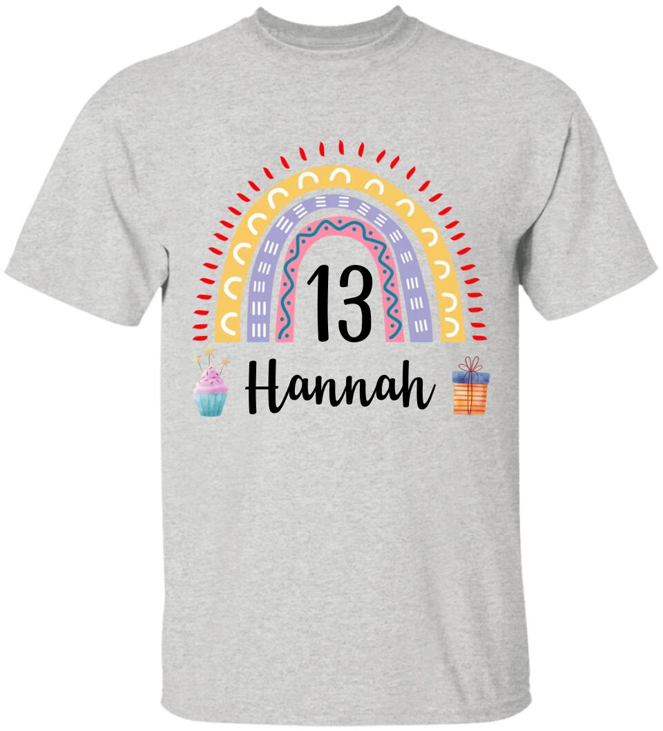 Birthday Rainbow Girl Tshirt - Custom Name & Age - 13th Birthday Gift For Girl
