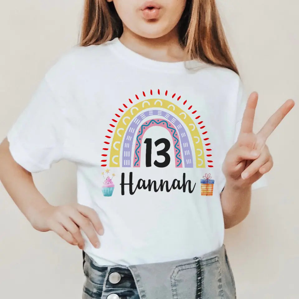 Birthday Rainbow Girl Tshirt - Custom Name & Age - 13th Birthday Gift For Girl