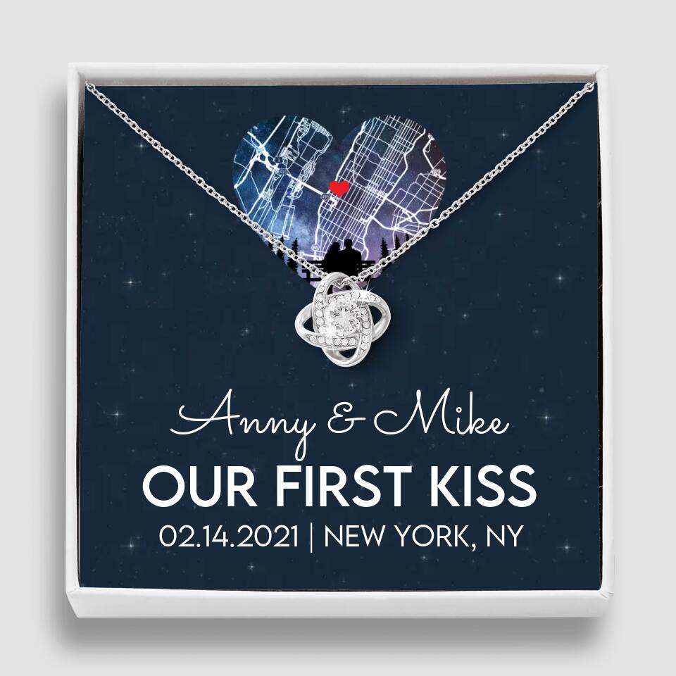 Our First Kiss - Personalized Couple Necklace - Custom Names, Date & Location