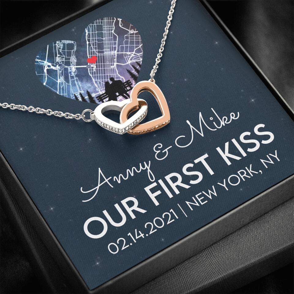 Our First Kiss - Personalized Couple Necklace - Custom Names, Date & Location
