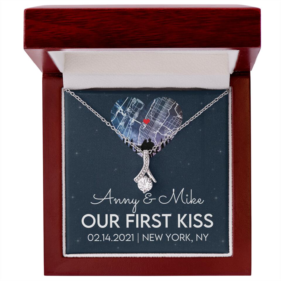 Our First Kiss - Personalized Couple Necklace - Custom Names, Date & Location