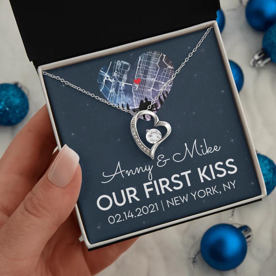 Our First Kiss - Personalized Couple Necklace - Custom Names, Date & Location