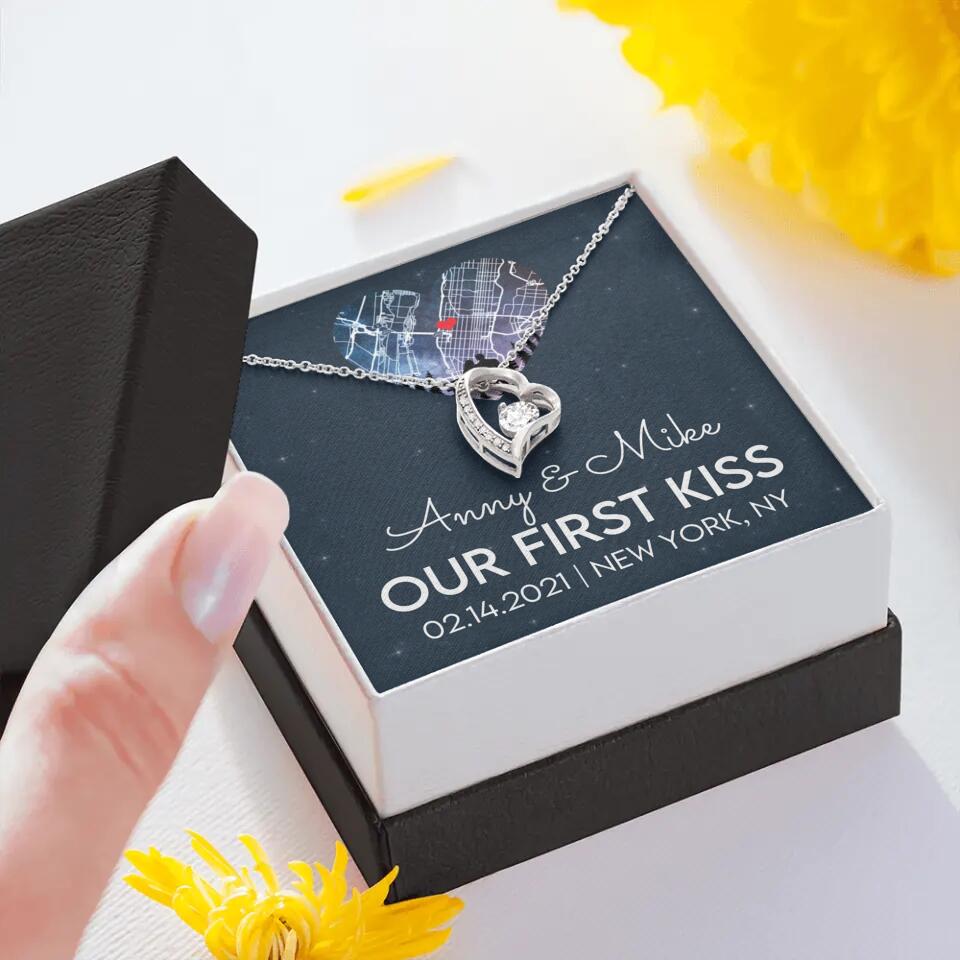 Our First Kiss - Personalized Couple Necklace - Custom Names, Date & Location