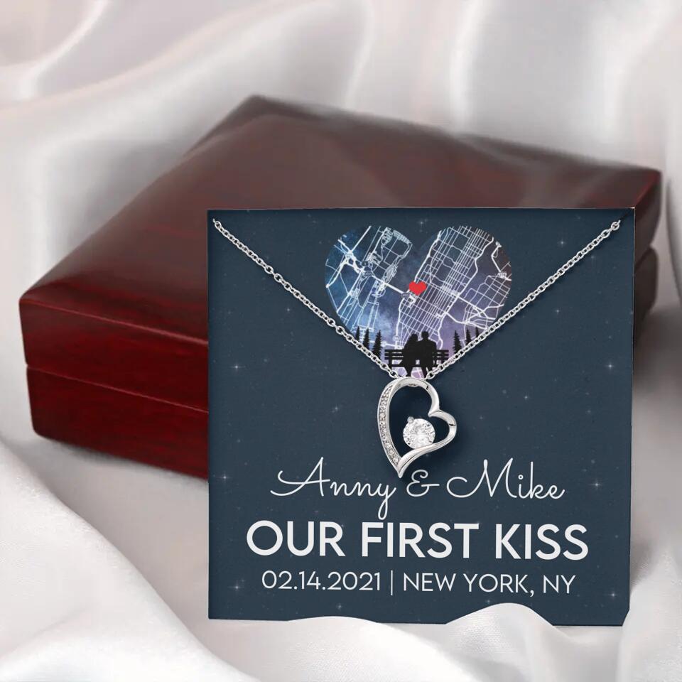 Our First Kiss - Personalized Couple Necklace - Custom Names, Date & Location