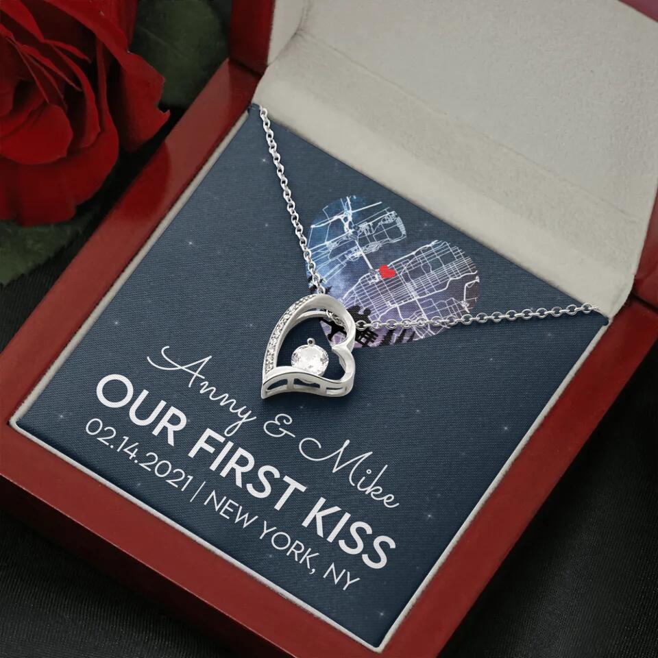 Our First Kiss - Personalized Couple Necklace - Custom Names, Date & Location