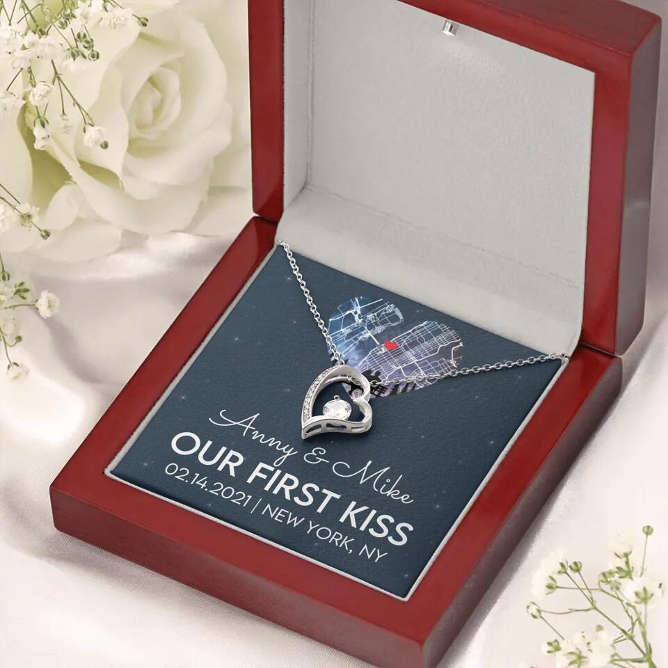 Our First Kiss - Personalized Couple Necklace - Custom Names, Date & Location