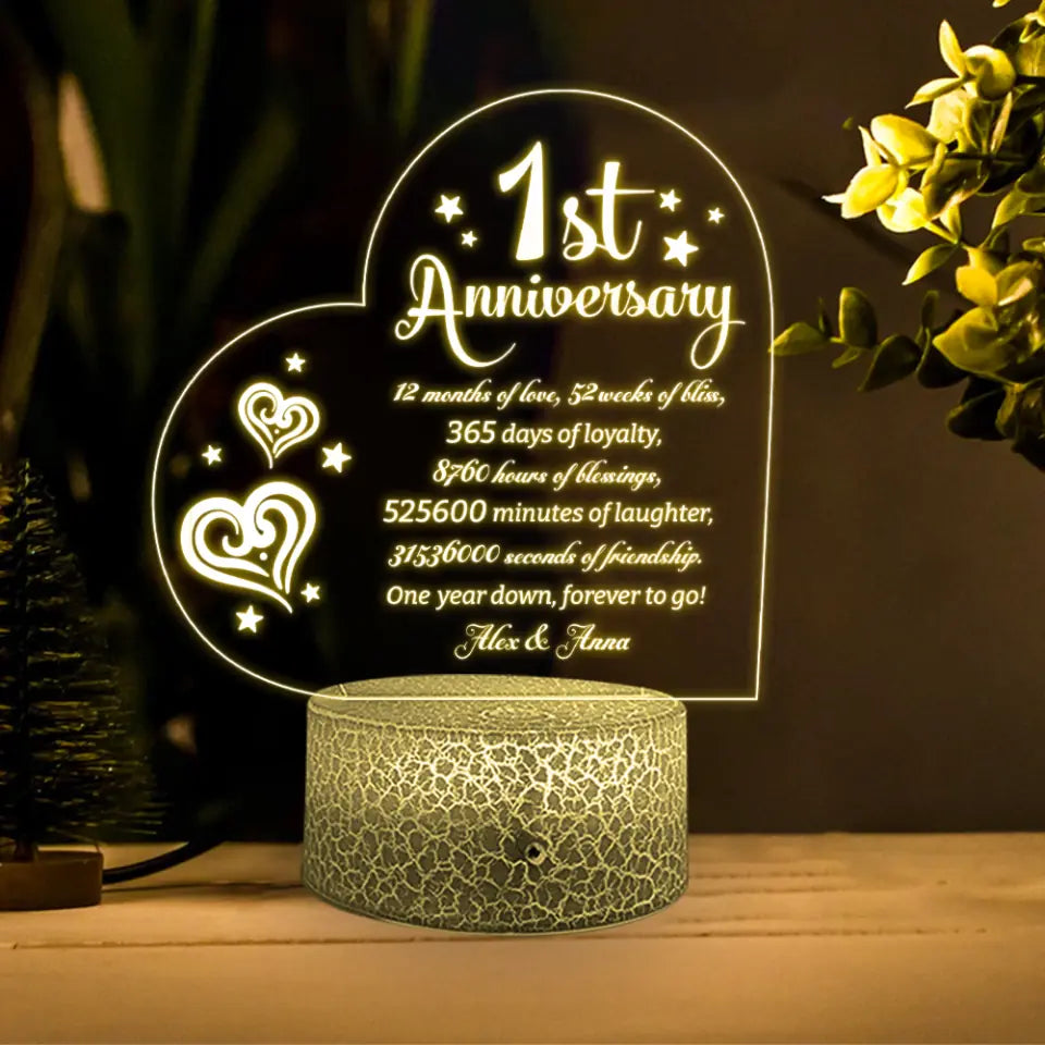 1st Anniversary, One Year Down Forever To Go - Personalized 3D Led Light - First Anniversary Gift