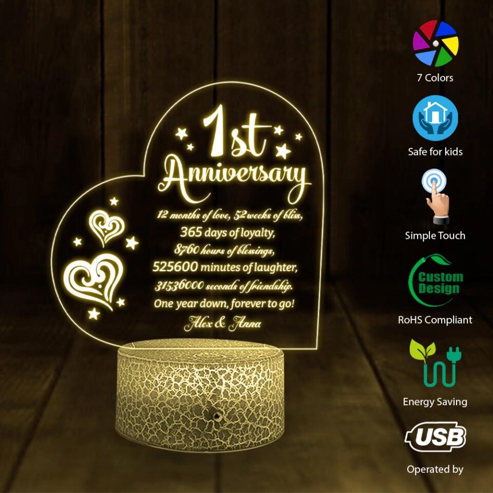 1st Anniversary, One Year Down Forever To Go - Personalized 3D Led Light - First Anniversary Gift