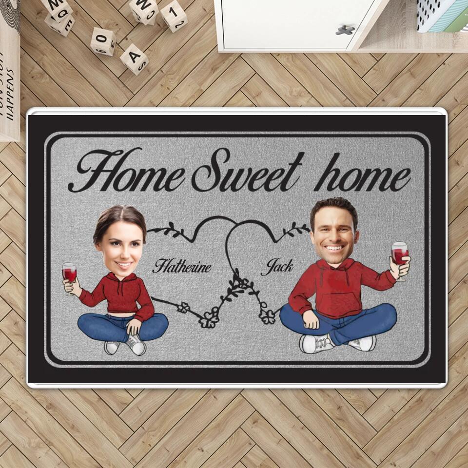 Home Sweet Home Chibi Couple - Housewarming Gifts - Custom Doormat - Anniversary Gift For Couples