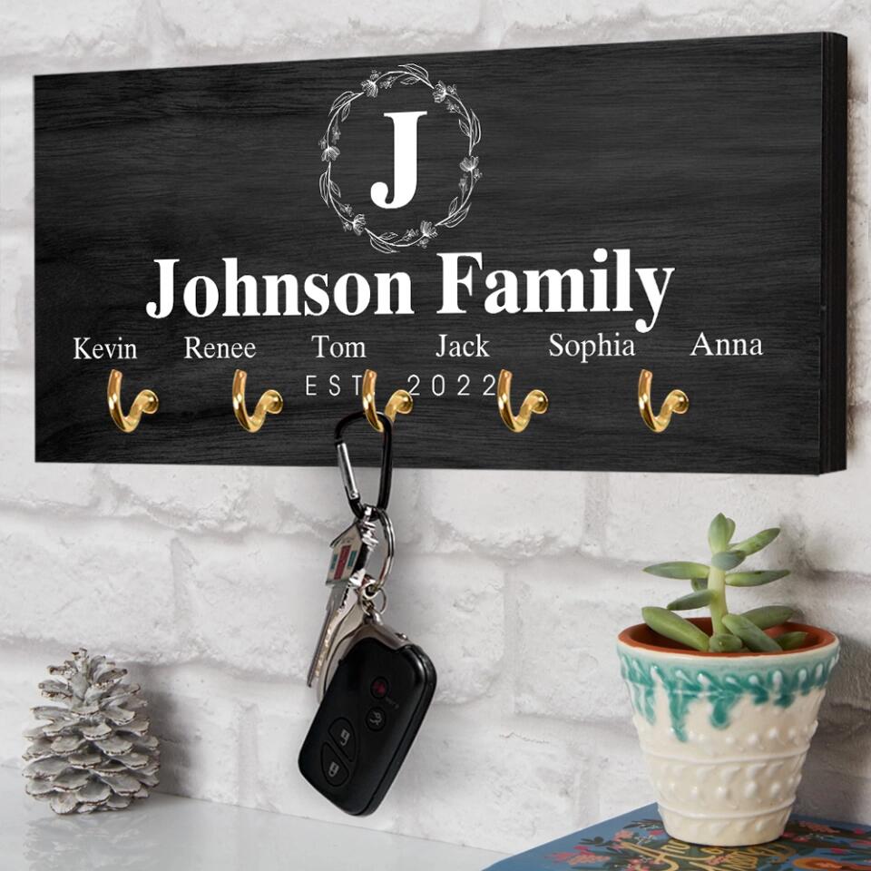Personalized Monogram Letter & Family Name - Key Holder Hanger - Wooden Sign