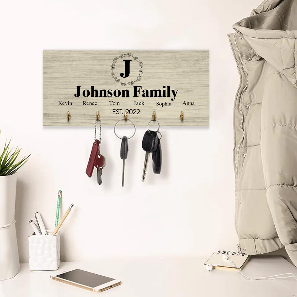 Personalized Monogram Letter & Family Name - Key Holder Hanger - Wooden Sign