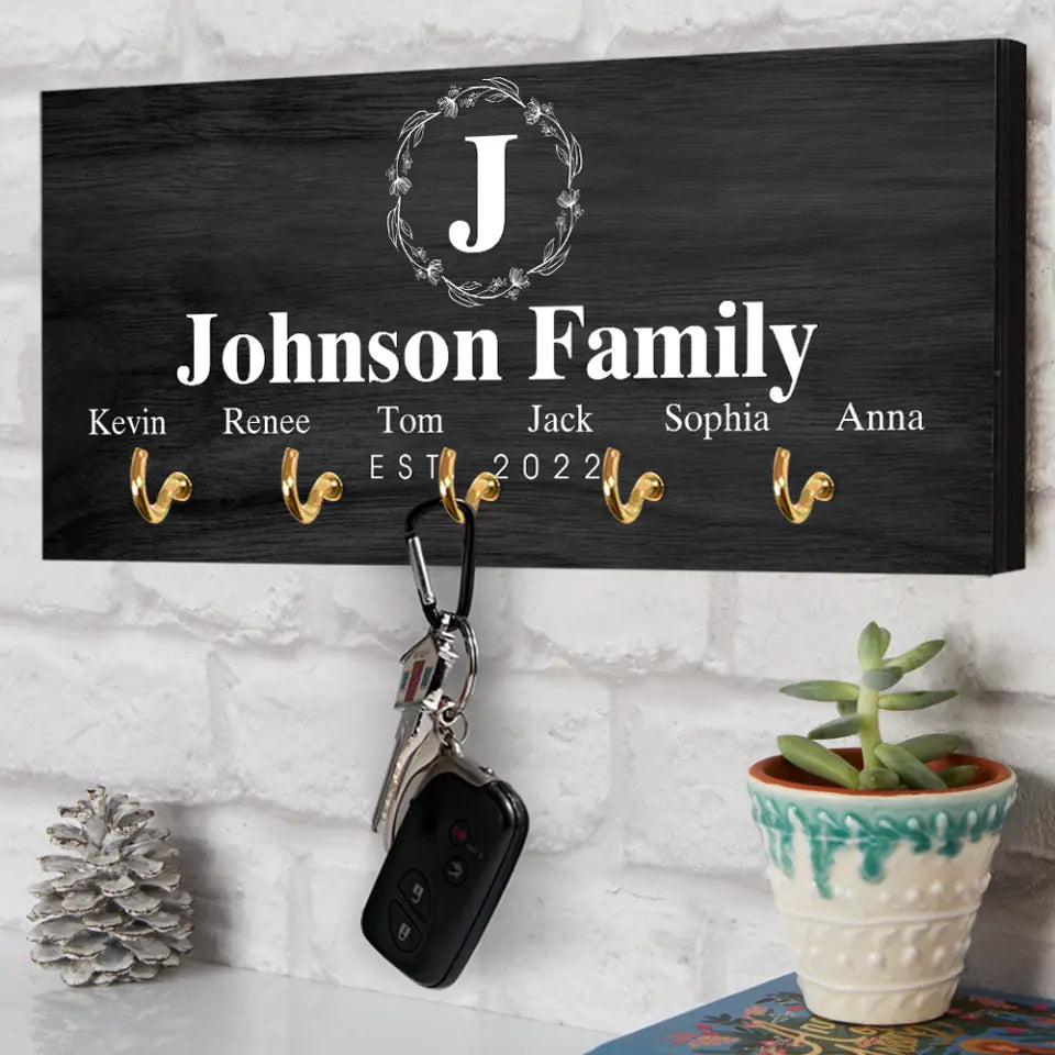 Personalized Monogram Letter & Family Name - Key Holder Hanger - Wooden Sign