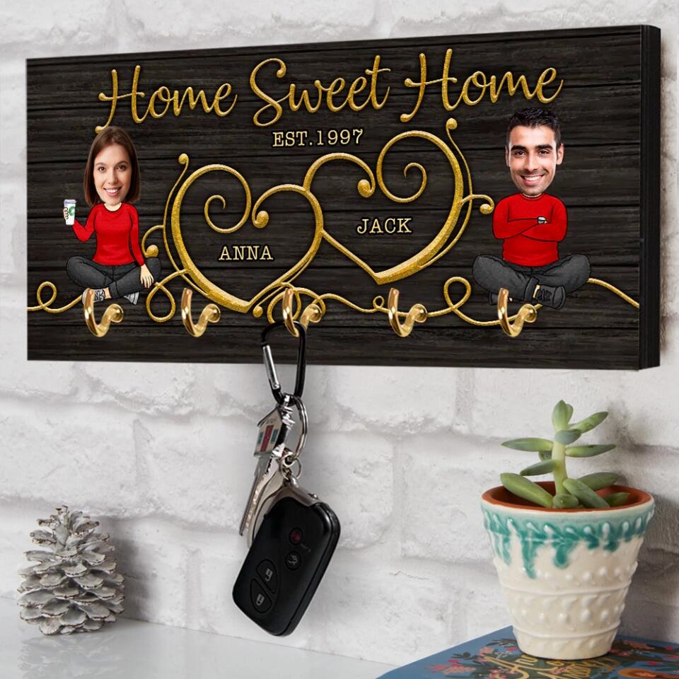 Home Sweet Home Cute Chibi Drawing Couple - Housewarming Gifts - Custom Key Holder - Wedding Gift