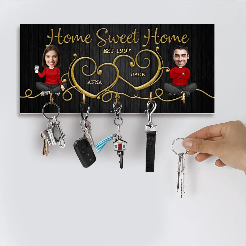 Home Sweet Home Cute Chibi Drawing Couple - Housewarming Gifts - Custom Key Holder - Wedding Gift