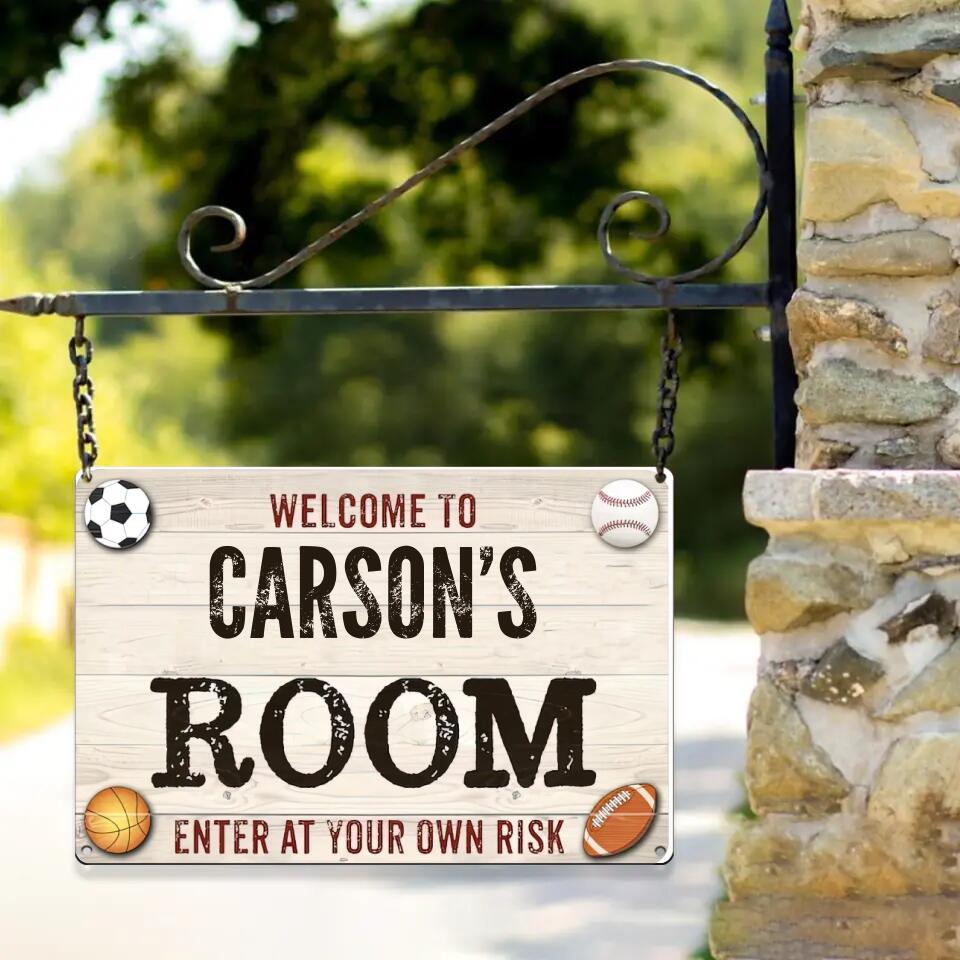 Welcome Enter Your Own Risk, Sporty Printed Metal Sign, Gift for Baseball Soccer Football Basketball Fan