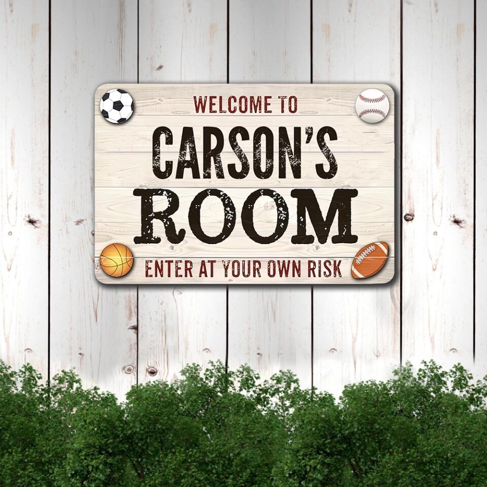 Welcome Enter Your Own Risk, Sporty Printed Metal Sign, Gift for Baseball Soccer Football Basketball Fan
