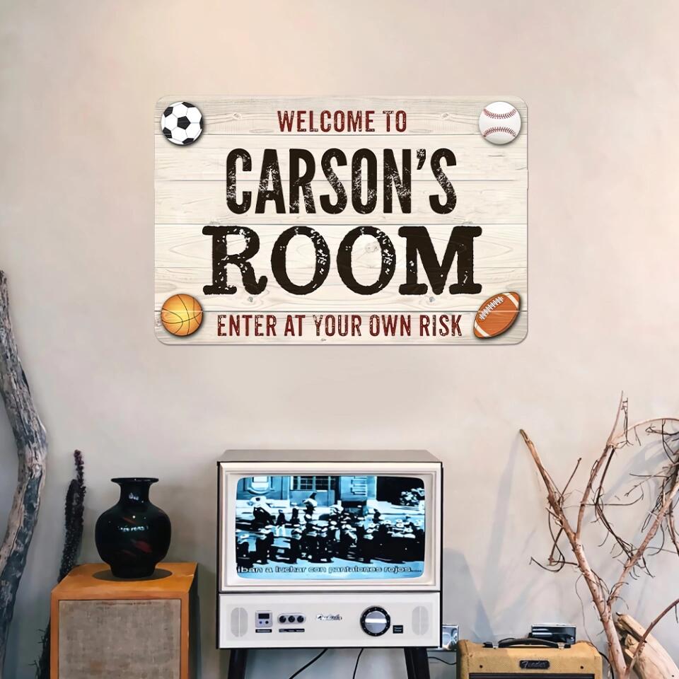 Welcome Enter Your Own Risk, Sporty Printed Metal Sign, Gift for Baseball Soccer Football Basketball Fan
