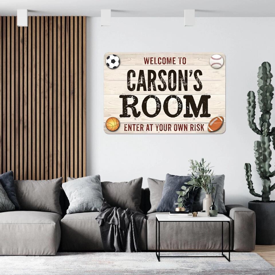 Welcome Enter Your Own Risk, Sporty Printed Metal Sign, Gift for Baseball Soccer Football Basketball Fan