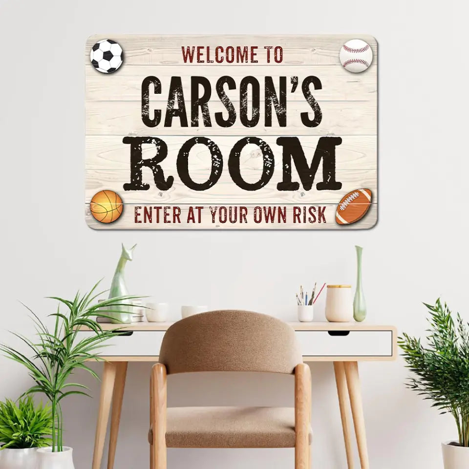 Welcome Enter Your Own Risk, Sporty Printed Metal Sign, Gift for Baseball Soccer Football Basketball Fan