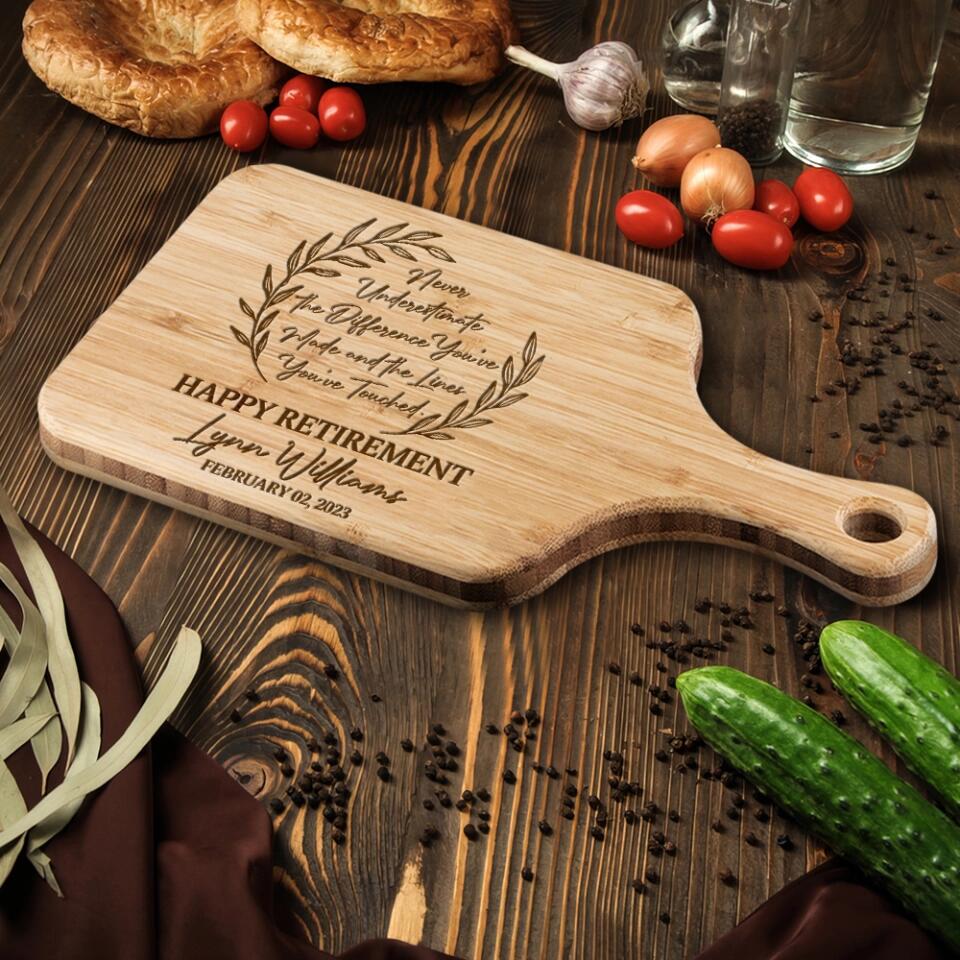 Eat Drink and be Retired, Personalized Name Wooden Cutting Board with Handle, Retirement Gift for Coworkers