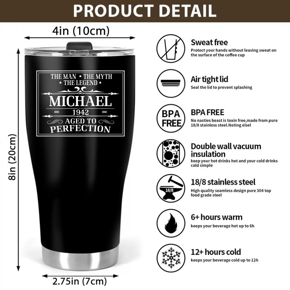 Personalized Birthday Gift for Men, The Man The Myth The Legend, Aged to Perfection, Custom 30oz Curved Tumbler