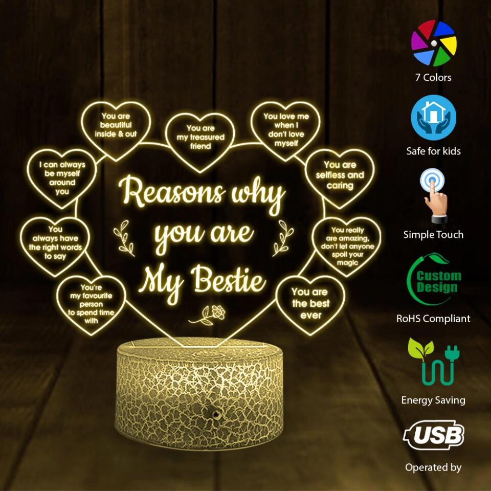 Reasons Why You Are My Bestie Special 3D Led Light Gift for Best Friend